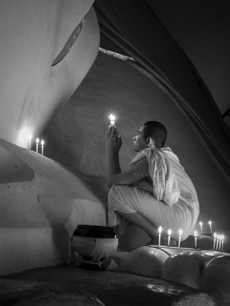 103- Praying Monk Candles BW